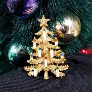 Vintage Signed ART Gold Rhinestone Christmas Tree Brooch Star - Arthur Pepper